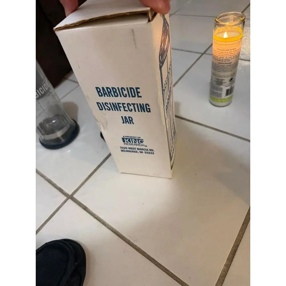 Barbicide Glass Disinfectant Jar with Lid Lift Basket and Box Barber Salon